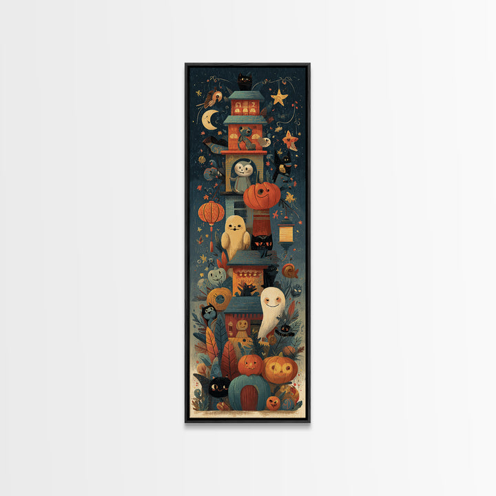 The Festival Of Friendly Frights, Screenprint Halloween Art, Tall Narrow Wall Art, Framed Canvas Print, Cute Halloween Wall Art