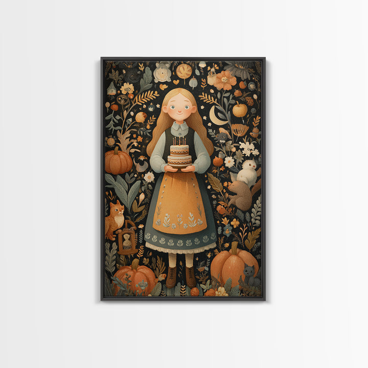 October'S Birthday Party, Folk Halloween Art, Vertical Wall Art, Canvas Print, Cute Halloween Wall Art