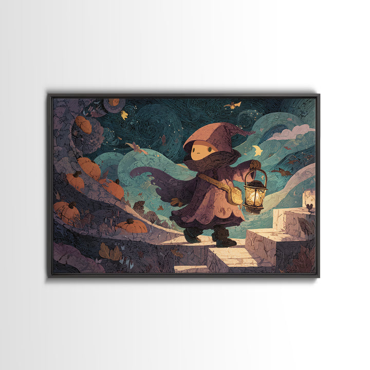 The Lantern-Bearer Of R’Lyeh, Linocut Halloween Art, Landscape Wall Art, Framed Canvas Print, Cute Halloween Wall Art