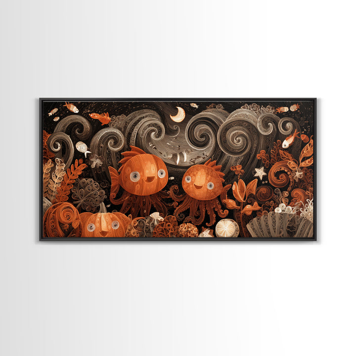 The Choir Of Deepwater Acolytes, Quilled Halloween Art, Wide Panoramic Art, Framed Canvas Print, Cute Halloween Wall Art