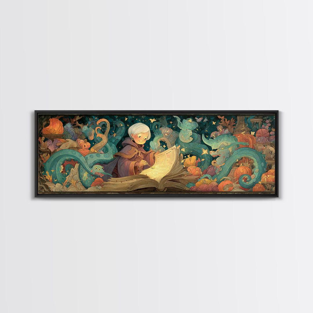 The Librarian Of Forbidden Tides, Stained Glass Halloween, Extra Wide Wall Art, Canvas Print, Cute Halloween Wall Art