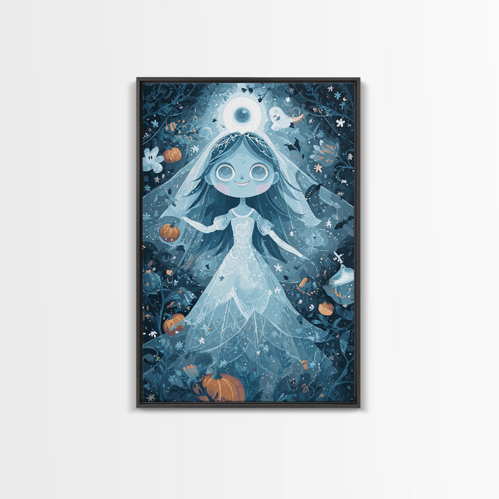 The Bride Of The Abyssal Moon, Pixel Halloween Art, Vertical Wall Art, Canvas Print, Cute Halloween Wall Art