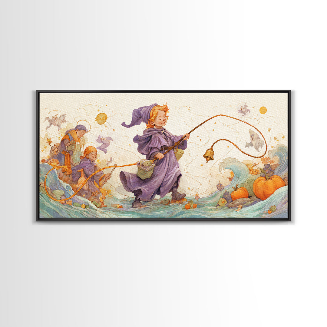 The Bellringer Of The Sunken Cathedral, Watercolor Halloween Art, Wide Panoramic Art, Framed Canvas Print, Cute Halloween Wall Art