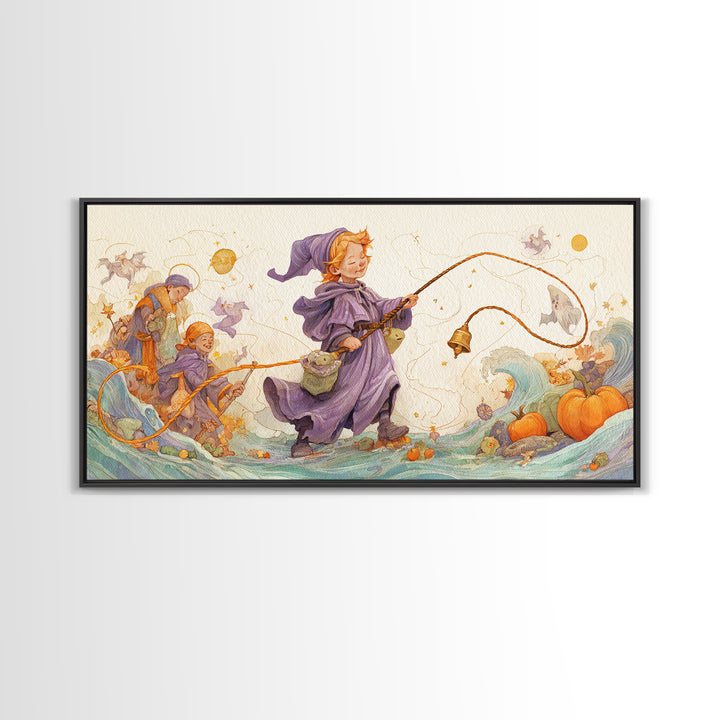 The Bellringer Of The Sunken Cathedral, Watercolor Halloween Art, Wide Panoramic Art, Framed Canvas Print, Cute Halloween Wall Art