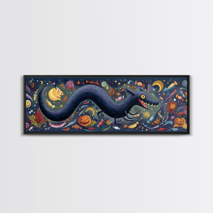 The Crawler Beneath The Floor Of Stars, Gouache Halloween Art, Extra Wide Wall Art, Canvas Print, Cute Halloween Wall Art