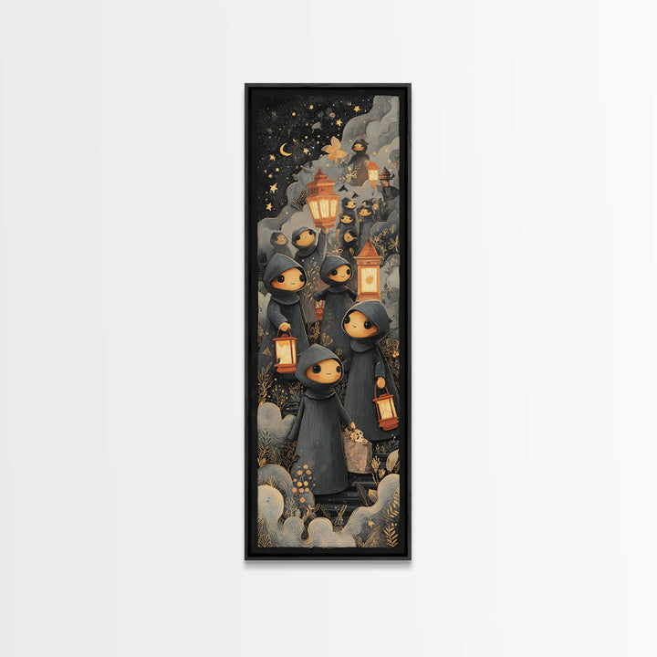 The Innsmouth Lantern Procession, Crayon Halloween Art, Tall Narrow Wall Art, Framed Canvas Print, Cute Halloween Wall Art