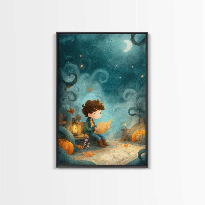 The Mapmaker Of Impossible Shores, Pastel Halloween Art, Vertical Wall Art, Canvas Print, Cute Halloween Wall Art
