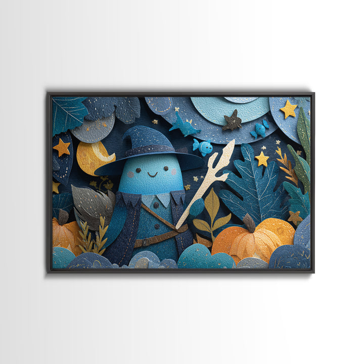 The Keeper Of The Black Reef Key, Paper Collage Halloween, Landscape Wall Art, Framed Canvas Print, Cute Halloween Wall Art