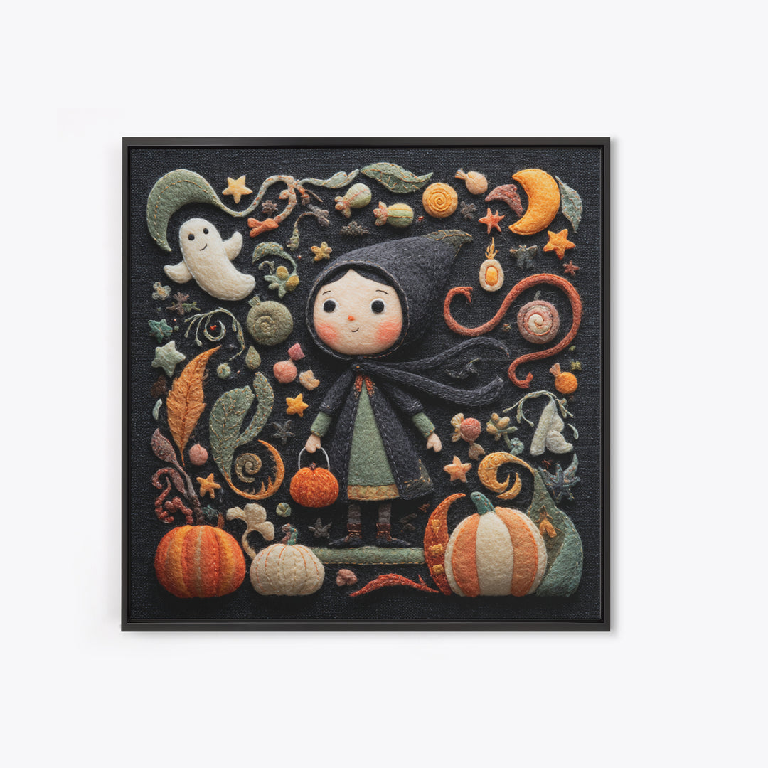 The Widow Of The Whispering Comet, Felt Halloween Art, Square Wall Art, Canvas Print, Cute Halloween Wall Art