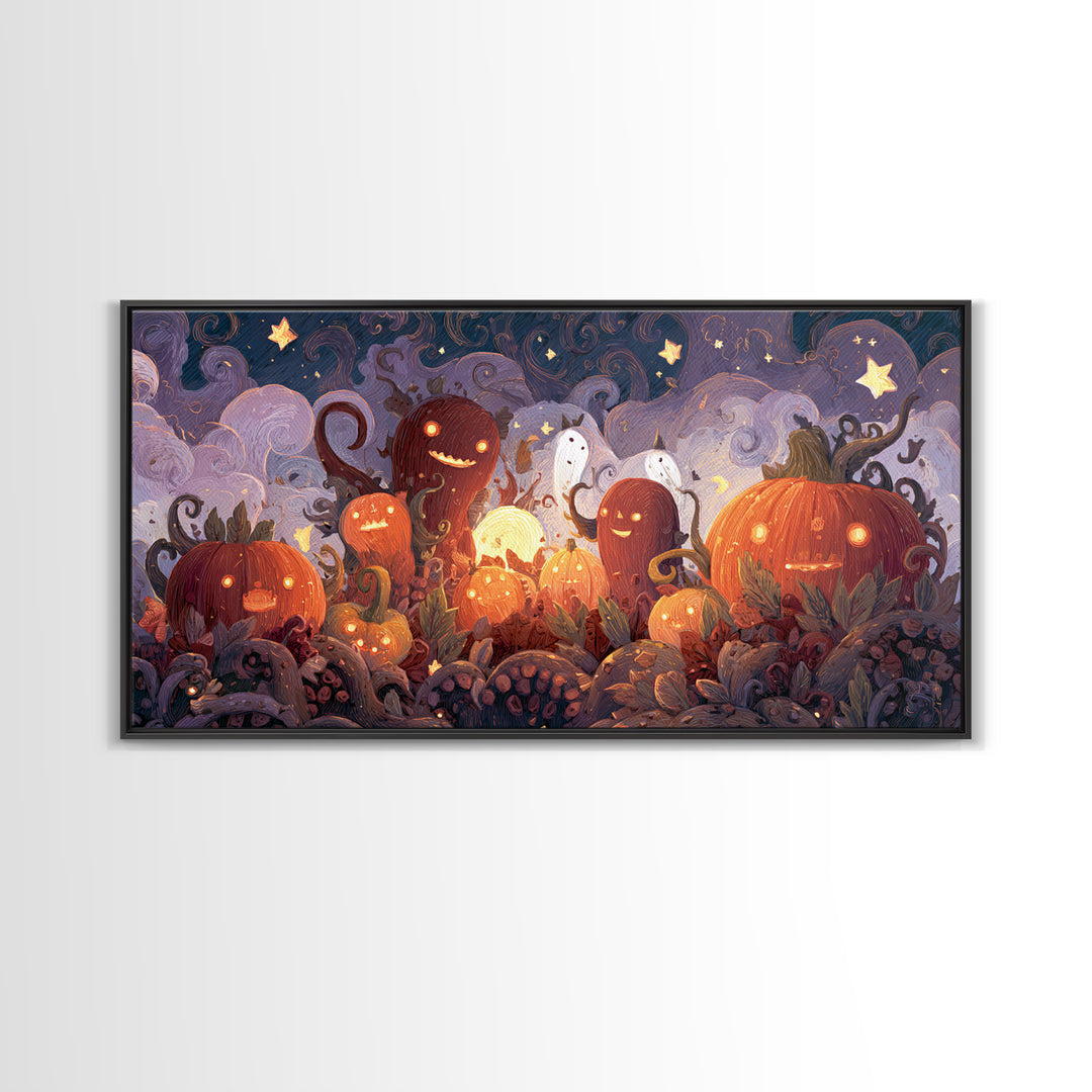 The Harvest Of The Eldritch Field, Clay Halloween Art, Wide Panoramic Art, Framed Canvas Print, Cute Halloween Wall Art