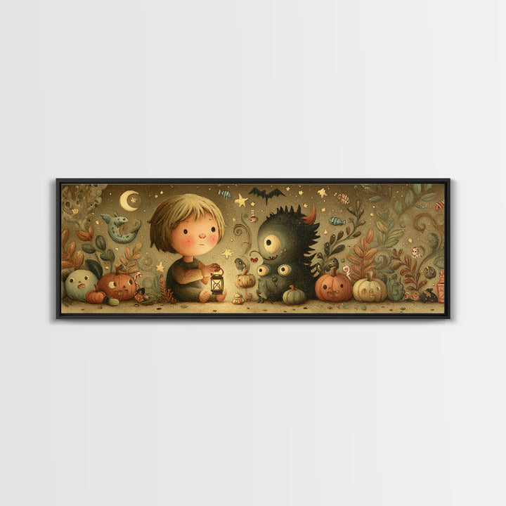 The Child Who Caught A Moon-Spawn, Plush Halloween Art, Extra Wide Wall Art, Canvas Print, Cute Halloween Wall Art