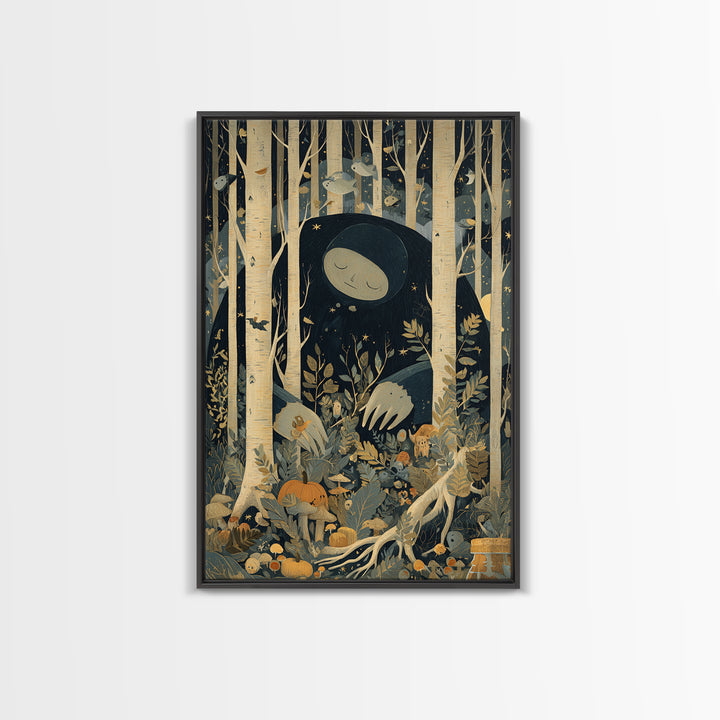 The Sleeper In The Birch Grove, Retro Halloween Art, Vertical Wall Art, Canvas Print, Cute Halloween Wall Art