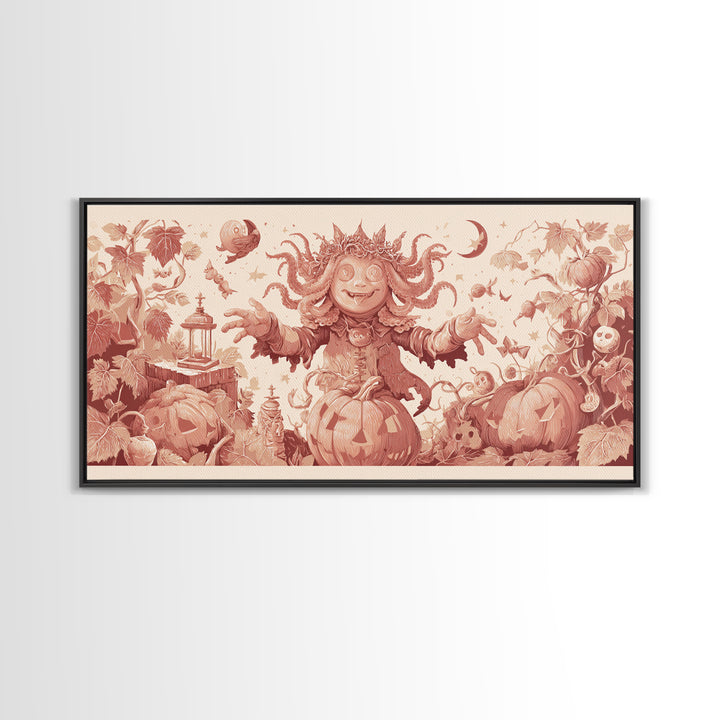 The Crown Of The Tentacled Saint, Linocut Halloween Art, Wide Panoramic Art, Framed Canvas Print, Cute Halloween Wall Art