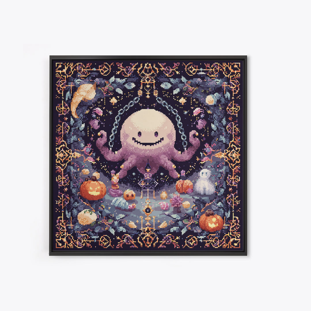 The Moonlit Shoggoth Menagerie, Pixel Halloween Art, Square Wall Art, Canvas Print, Cute Halloween Wall Art