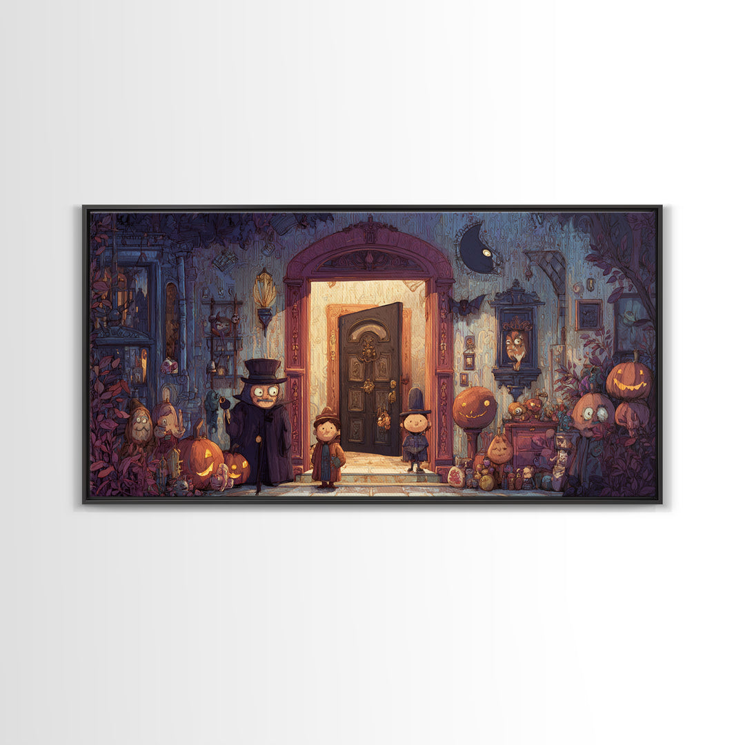 The Thirteenth Door Of Arkham House, Vector Halloween Art, Wide Panoramic Art, Framed Canvas Print, Cute Halloween Wall Art