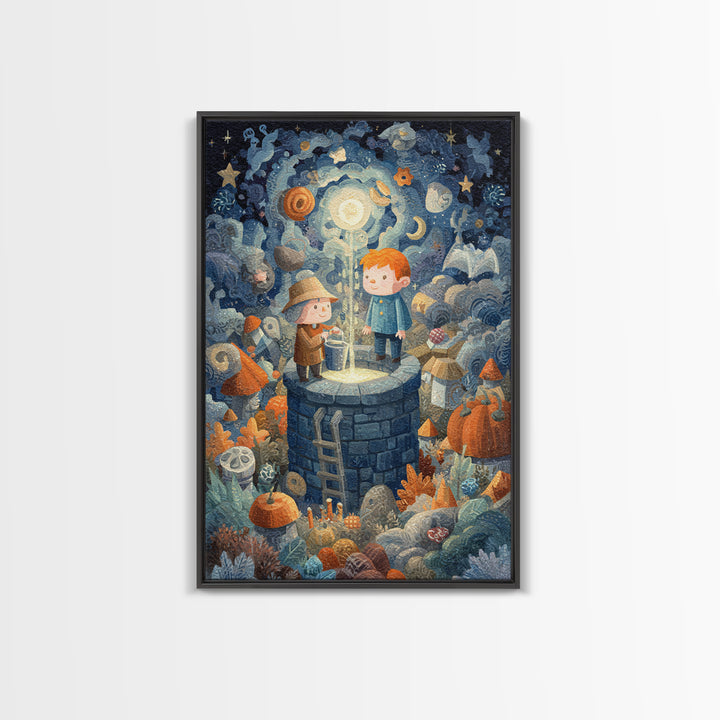 The Dreamwell Beneath Miskatonic, Gouache Halloween Art, Vertical Wall Art, Canvas Print, Cute Halloween Wall Art