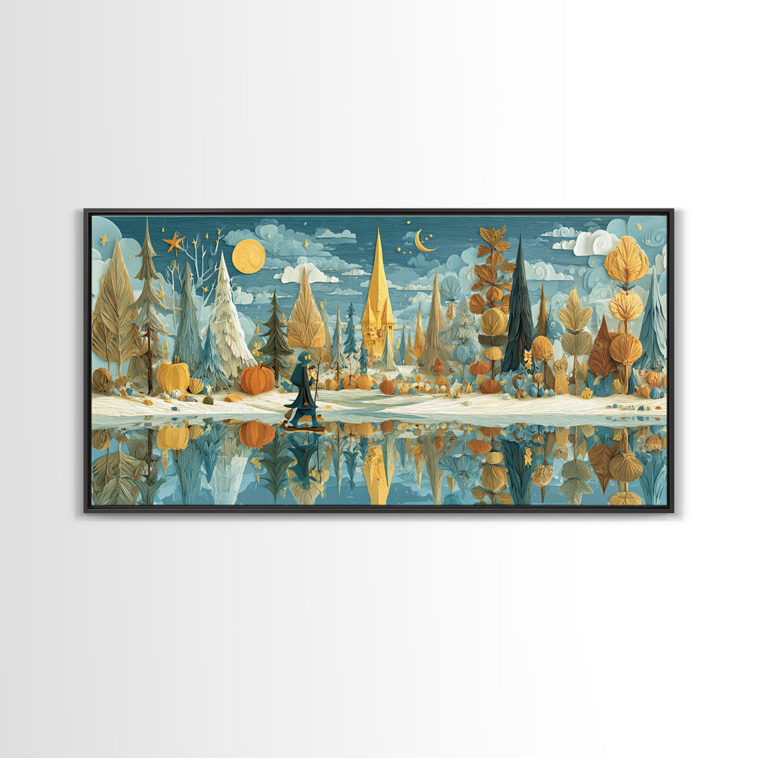 The Frost Beyond Carcosa, Paper Collage Halloween, Wide Panoramic Art, Framed Canvas Print, Cute Halloween Wall Art