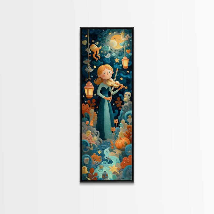 The Violinist Of The Drowned Moon, Clay Halloween Art, Tall Narrow Wall Art, Framed Canvas Print, Cute Halloween Wall Art