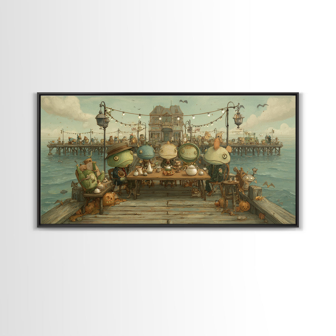 The Tea Party At Innsmouth Pier, Screenprint Halloween Art, Wide Panoramic Art, Framed Canvas Print, Cute Halloween Wall Art
