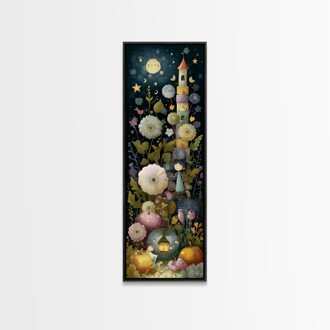 The Garden Of The Eyeless Moon, Linocut Halloween Art, Tall Narrow Wall Art, Framed Canvas Print, Cute Halloween Wall Art