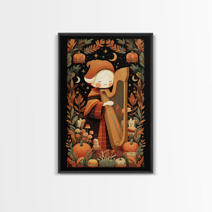 The Harpist Of Abyssal Sleep, Embroidered Halloween Art, Vertical Wall Art, Canvas Print, Cute Halloween Wall Art
