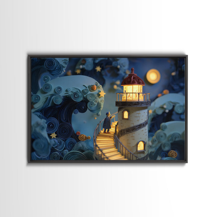 The Last Lighthouse Of Y’Ha-Nthlei, Quilled Halloween Art, Landscape Wall Art, Framed Canvas Print, Cute Halloween Wall Art