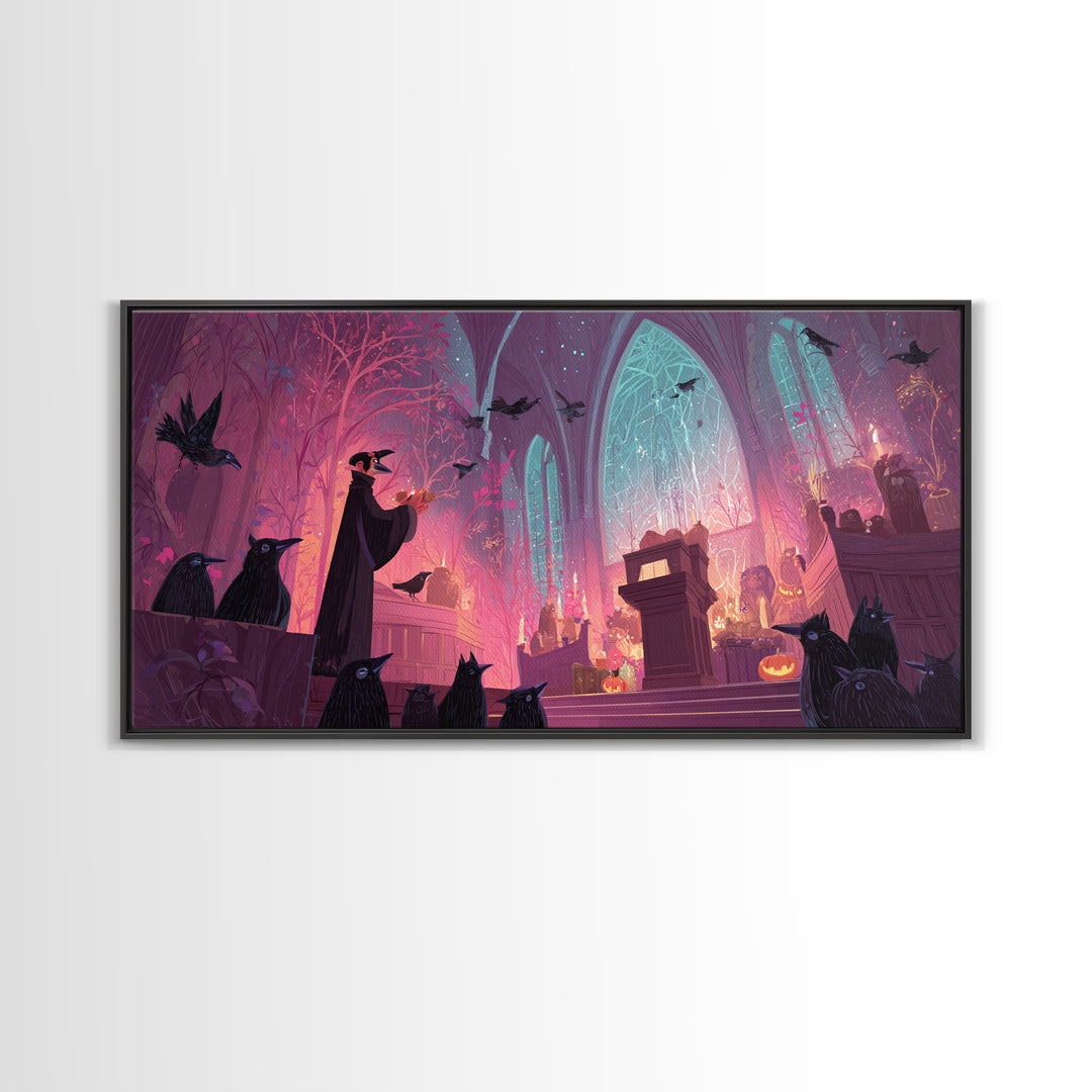 The Raven Sermon Of Leng, Vaporwave Halloween Art, Wide Panoramic Art, Framed Canvas Print, Cute Halloween Wall Art