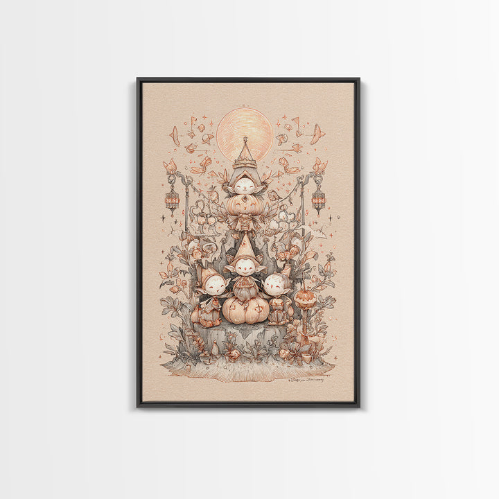 The Festival Of The Little Old Ones, Hand Sketch Halloween Art, Vertical Wall Art, Canvas Print, Cute Halloween Wall Art