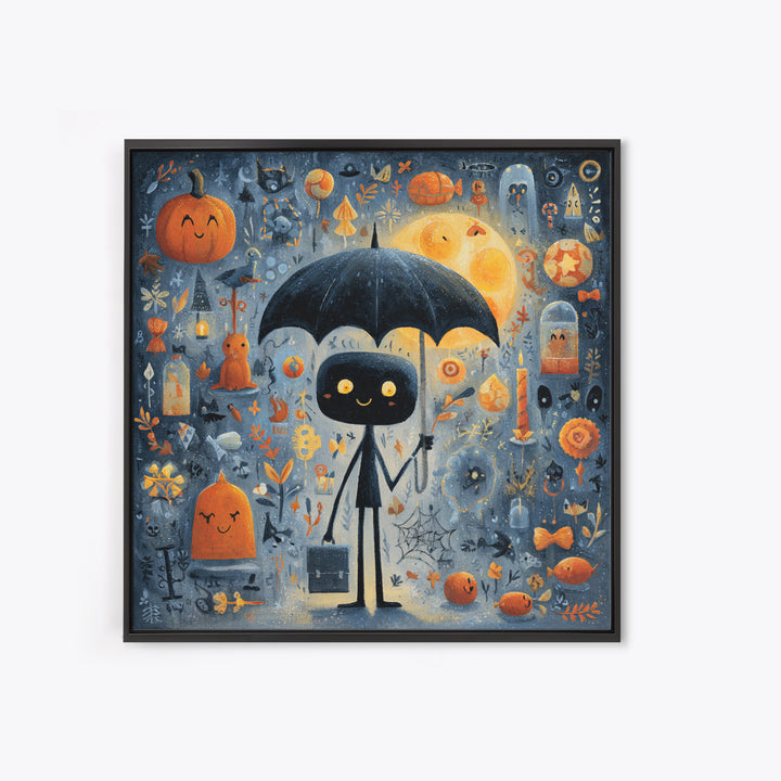 The Umbrella Of The Outer Rain, Gouache Halloween Art, Square Wall Art, Canvas Print, Cute Halloween Wall Art