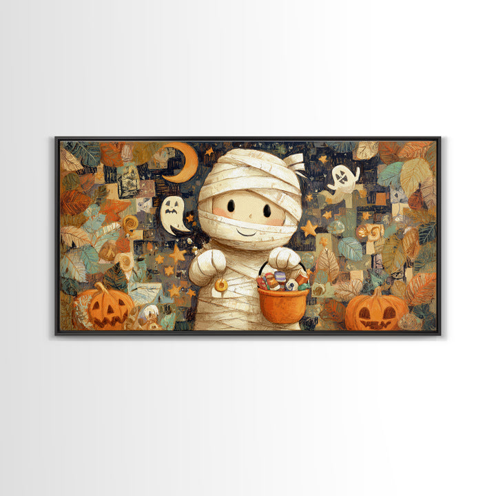 The Shy Little Mummy, Crayon Halloween Art, Wide Panoramic Art, Framed Canvas Print, Cute Halloween Wall Art