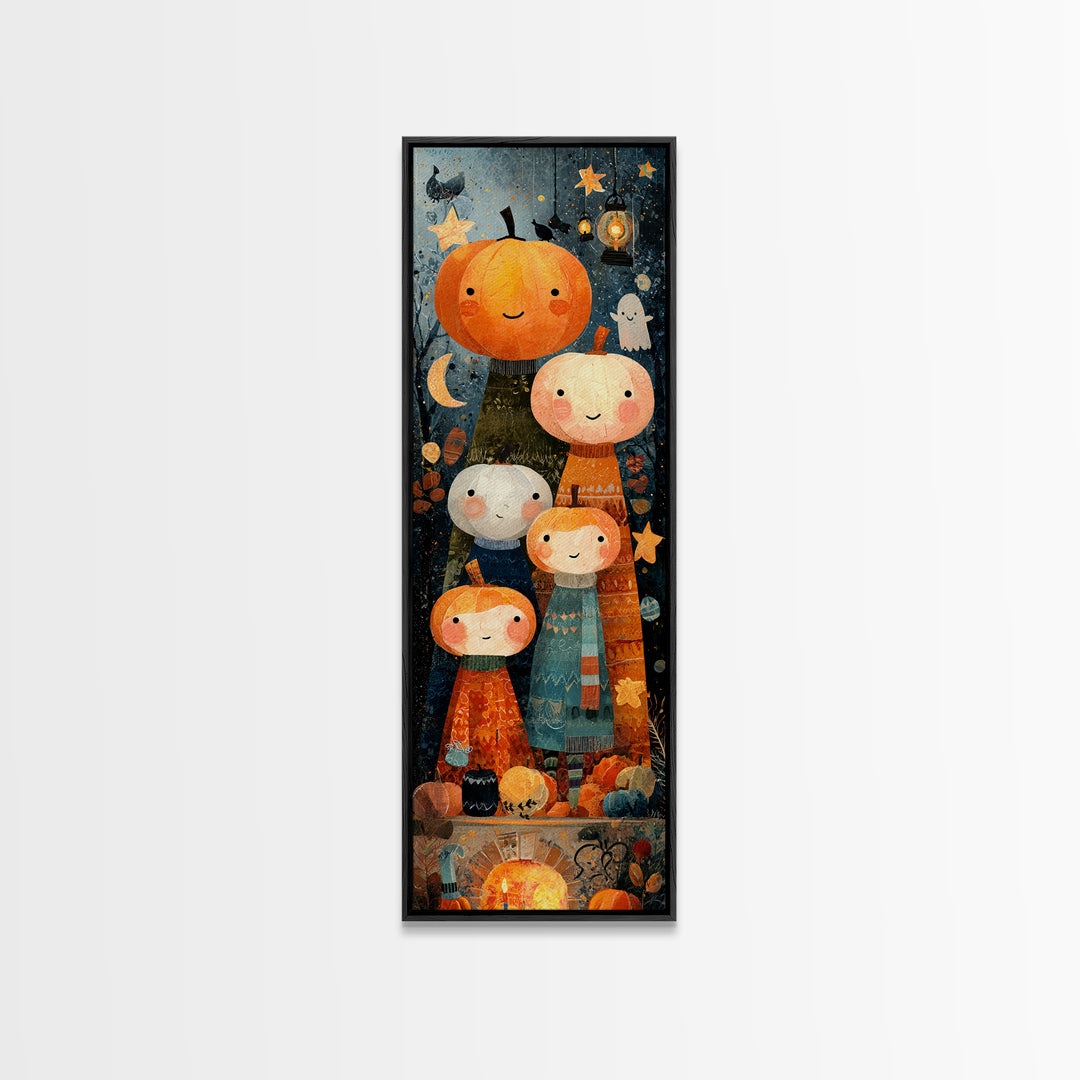 The Pumpkin Family Portrait, Paper Collage Halloween, Tall Narrow Wall Art, Framed Canvas Print, Cute Halloween Wall Art