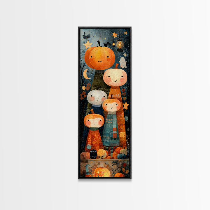 The Pumpkin Family Portrait, Paper Collage Halloween, Tall Narrow Wall Art, Framed Canvas Print, Cute Halloween Wall Art