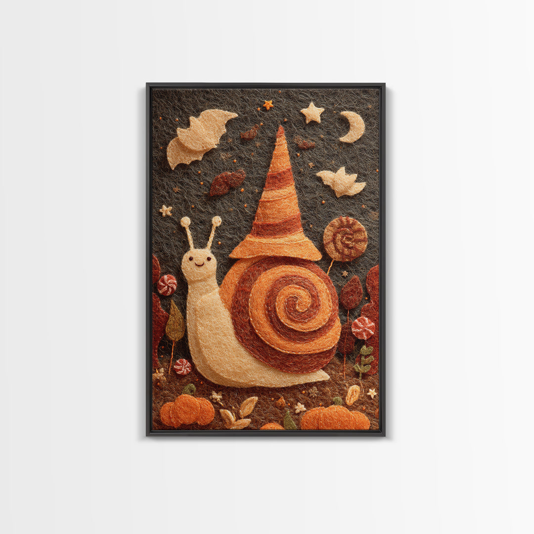 The Cinnamon-Roll Snail Witch, Felt Halloween Art, Vertical Wall Art, Canvas Print, Cute Halloween Wall Art