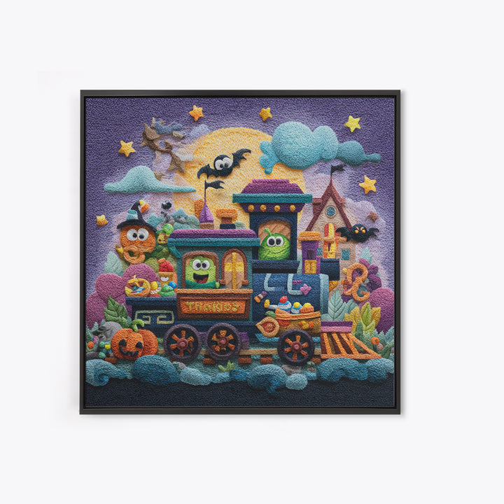 The Trick-Or-Treat Express, Plush Halloween Art, Square Wall Art, Canvas Print, Cute Halloween Wall Art
