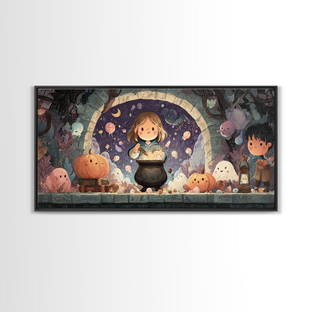 The Dreamwell Beneath Miskatonic, Kawaii Halloween Art, Wide Panoramic Art, Framed Canvas Print, Cute Halloween Wall Art