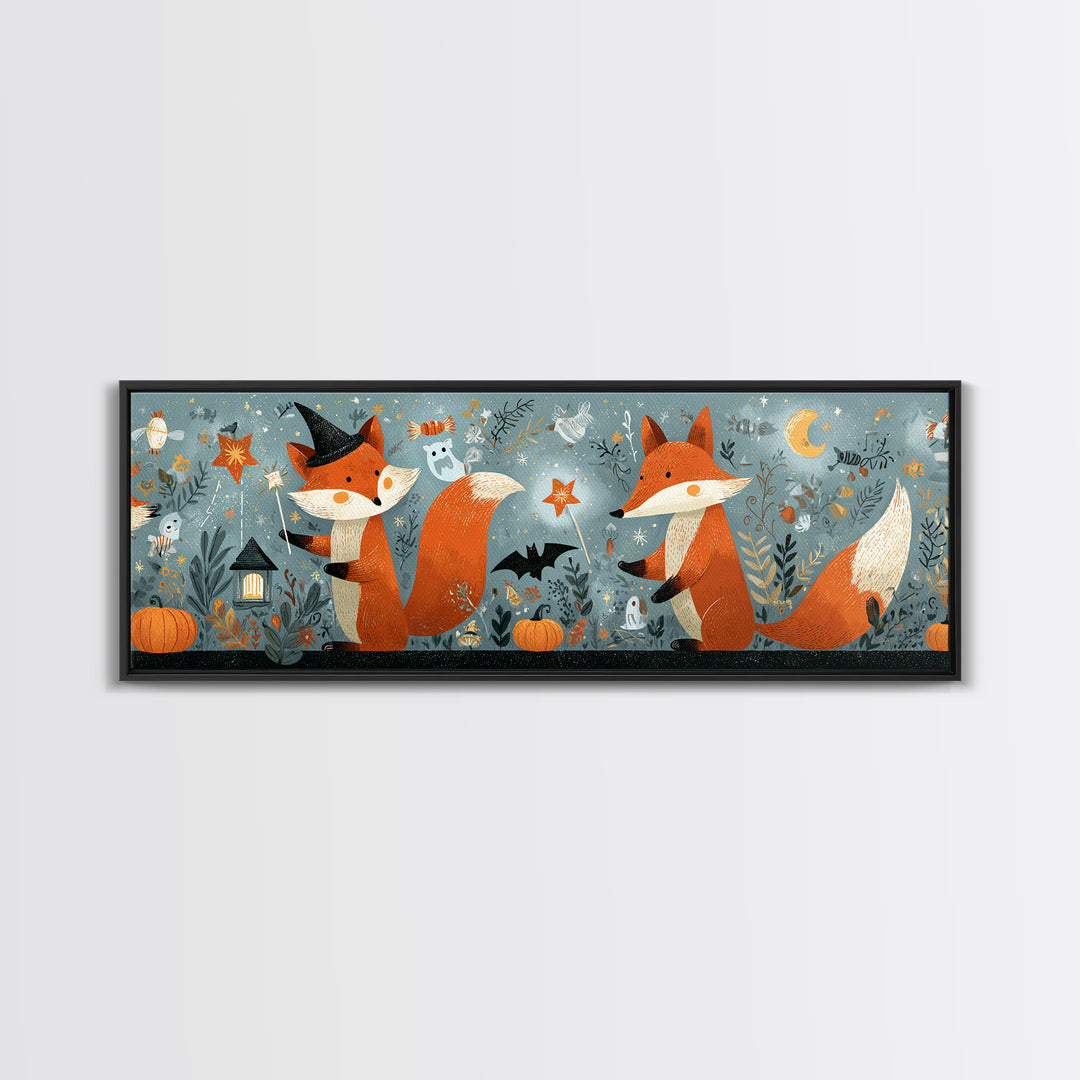 The Fox Wizard, Retro Halloween Art, Extra Wide Wall Art, Canvas Print, Cute Halloween Wall Art, Cozy Autumn Kids Decor