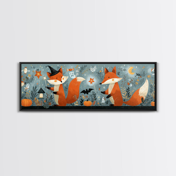 The Fox Wizard, Retro Halloween Art, Extra Wide Wall Art, Canvas Print, Cute Halloween Wall Art, Cozy Autumn Kids Decor