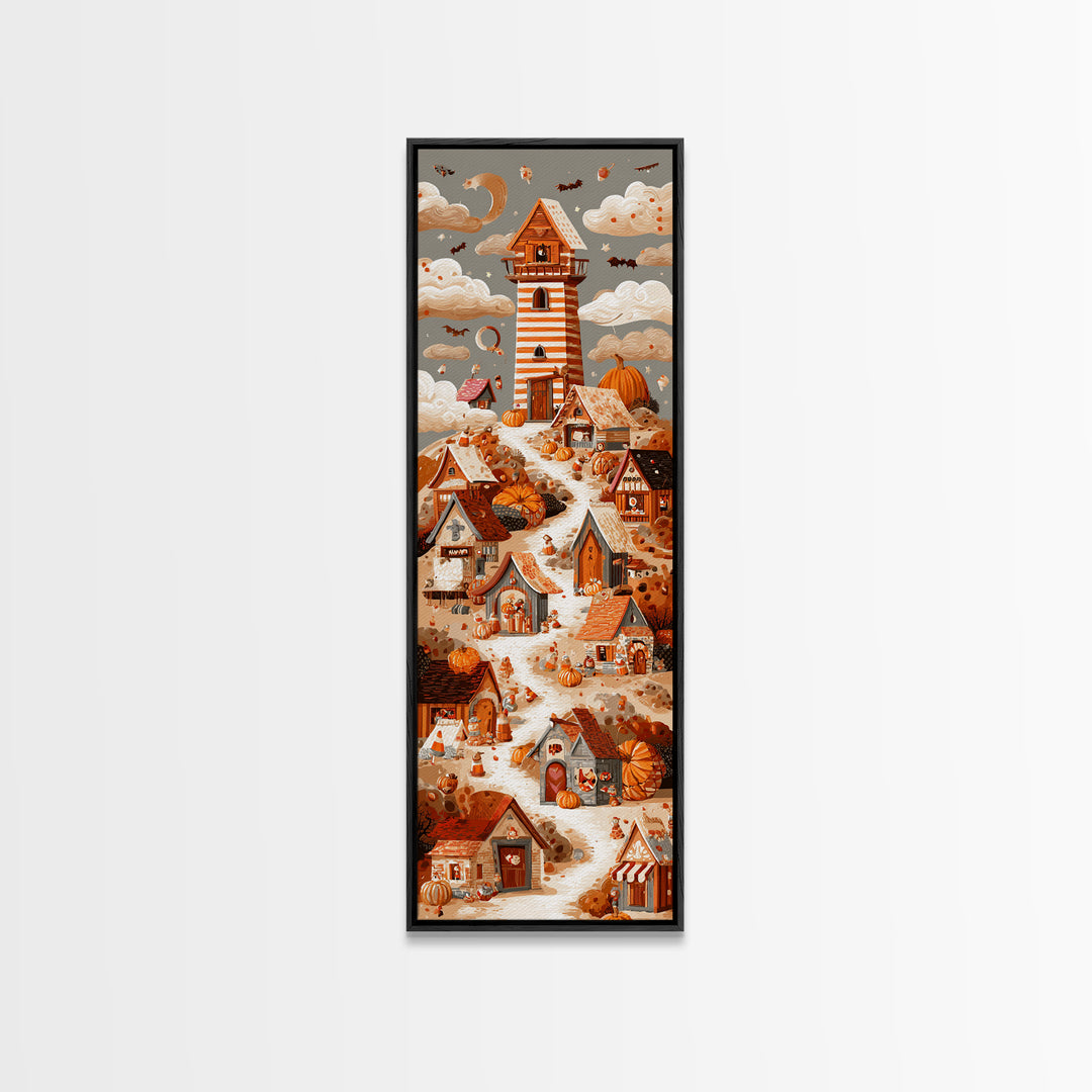 Candy Corn Village, Screenprint Halloween Art, Tall Narrow Wall Art, Framed Canvas Print, Cute Halloween Wall Art