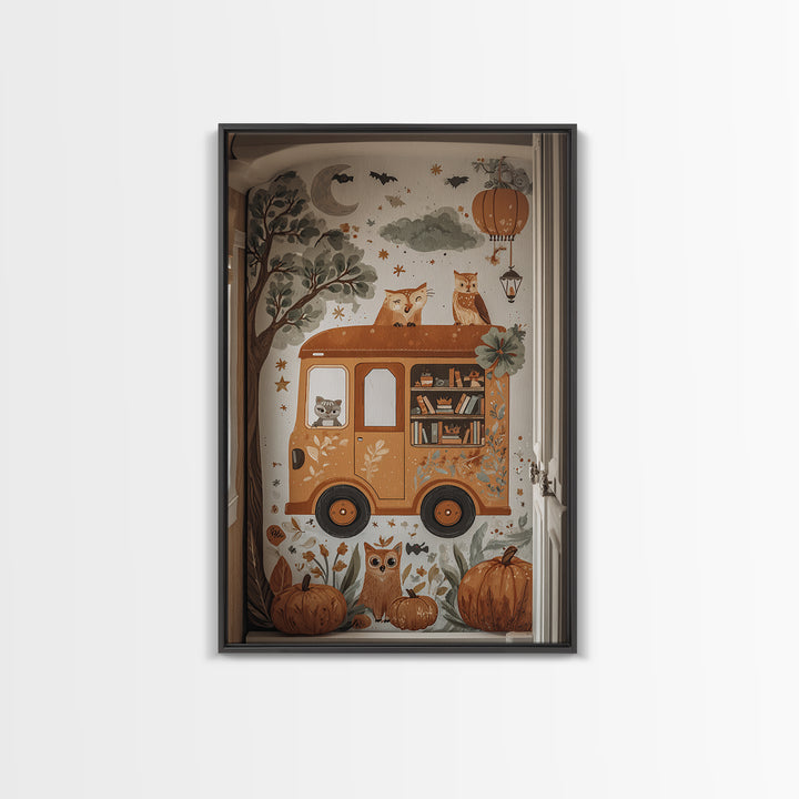 The Pumpkin Bookmobile, Folk Halloween Art, Vertical Wall Art, Canvas Print, Cute Halloween Wall Art