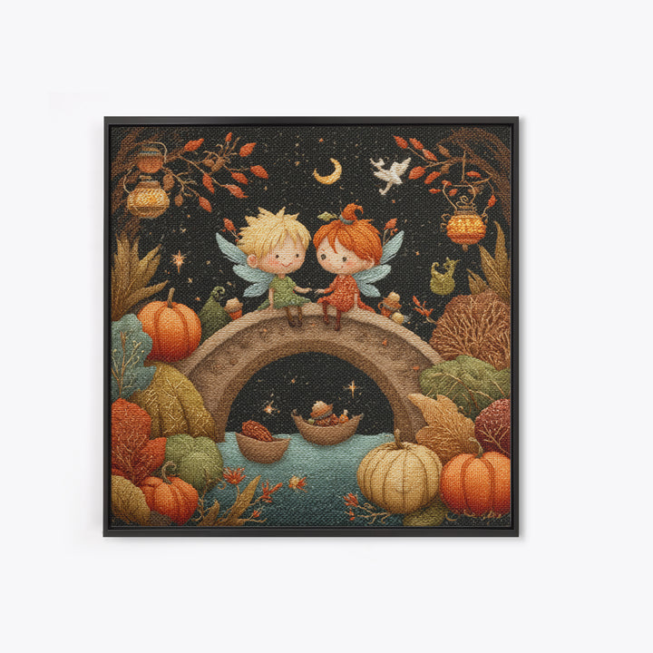 The Autumn Fairy Bridge, Embroidered Halloween Art, Square Wall Art, Canvas Print, Cute Halloween Wall Art