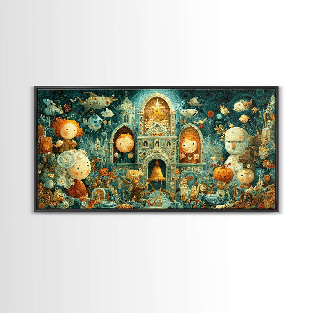 The Bellringer Of The Sunken Cathedral, Quilled Halloween Art, Wide Panoramic Art, Framed Canvas Print, Cute Halloween Wall Art