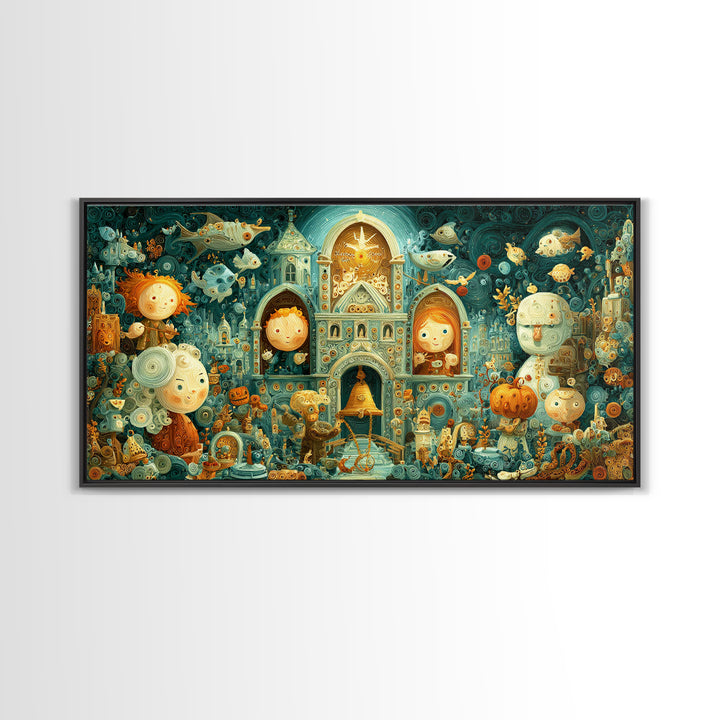 The Bellringer Of The Sunken Cathedral, Quilled Halloween Art, Wide Panoramic Art, Framed Canvas Print, Cute Halloween Wall Art