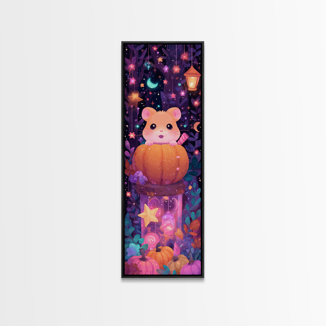 The Pumpkin Hamster, Vaporwave Halloween Art, Tall Narrow Wall Art, Framed Canvas Print, Cute Halloween Wall Art