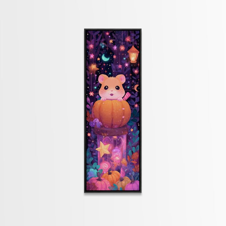 The Pumpkin Hamster, Vaporwave Halloween Art, Tall Narrow Wall Art, Framed Canvas Print, Cute Halloween Wall Art