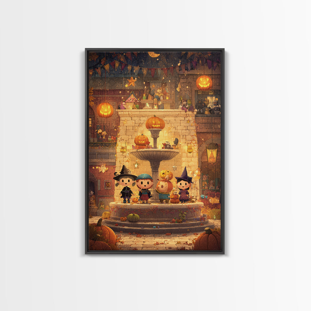 The Trick-Or-Treat Village Square, Pixel Halloween Art, Vertical Wall Art, Canvas Print, Cute Halloween Wall Art
