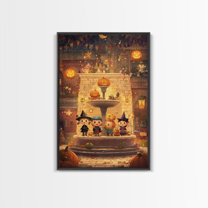 The Trick-Or-Treat Village Square, Pixel Halloween Art, Vertical Wall Art, Canvas Print, Cute Halloween Wall Art