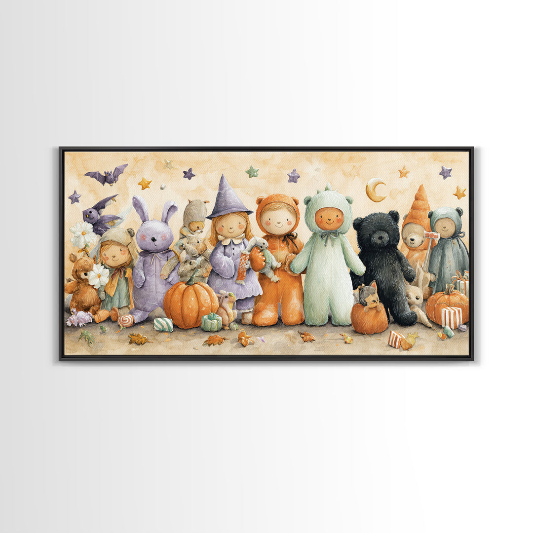 The Halloween Toy Kingdom, Watercolor Halloween Art, Wide Panoramic Art, Framed Canvas Print, Cute Halloween Wall Art