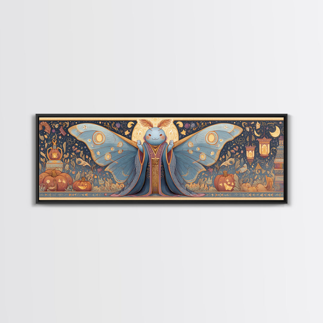 The Moth Prophet Of Kadath, Gouache Halloween Art, Extra Wide Wall Art, Canvas Print, Cute Halloween Wall Art