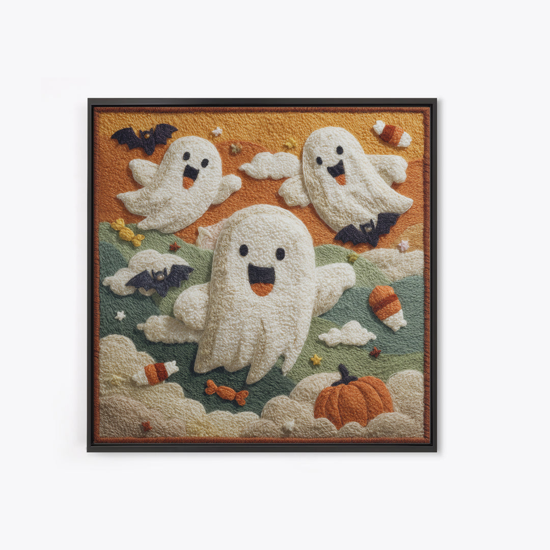 The Ghost Kite Festival, Felt Halloween Art, Square Wall Art, Canvas Print, Cute Halloween Wall Art, Halloween Kids Decor