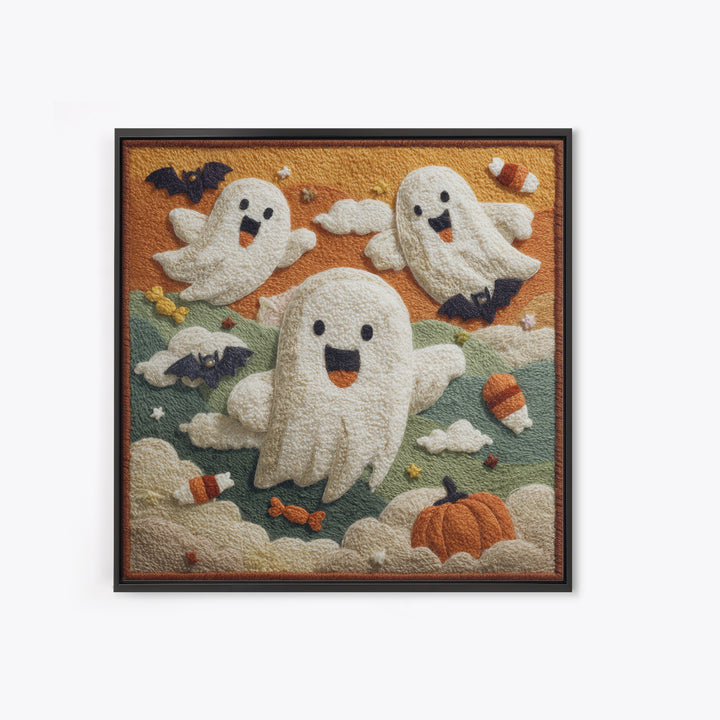 The Ghost Kite Festival, Felt Halloween Art, Square Wall Art, Canvas Print, Cute Halloween Wall Art, Halloween Kids Decor